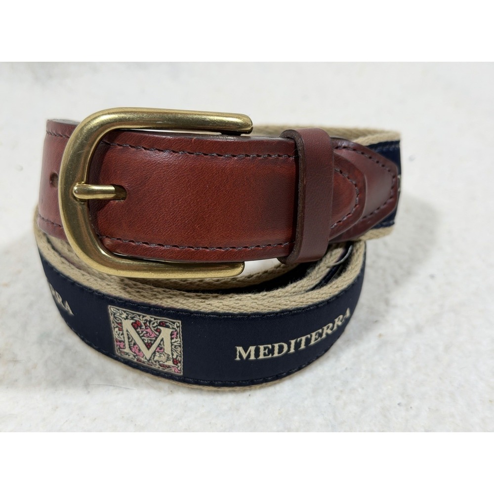 YRI Mediterranean Belt Mens 44 Canvas Leather Nautical Coastal Prep Brass USA